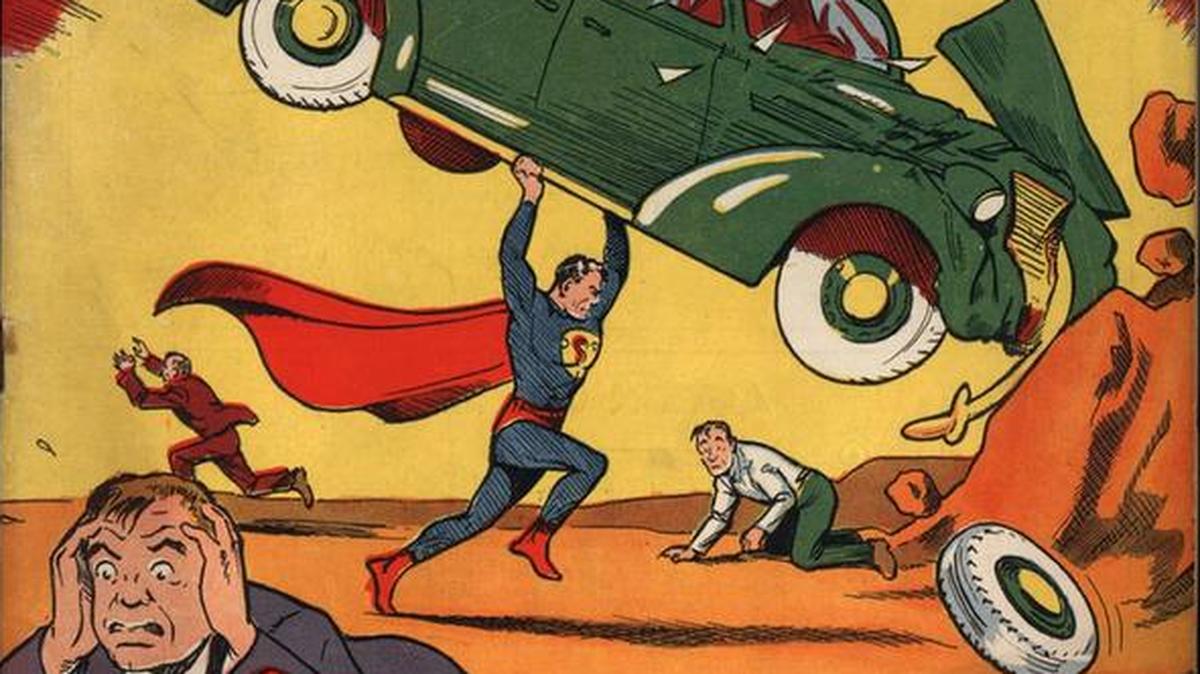 Art from the cover of the rare 1938 Action Comics No. 1, which features the first appearance of Superman.