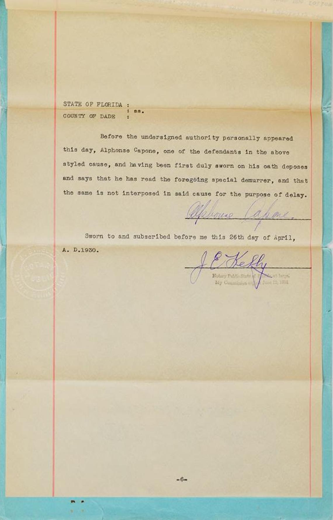 A page of a Dade County court document from the 1930 perjury prosecution of of famed gangster Al Capone. The 6-page document is being auctioned by Boston-based RR Auction.