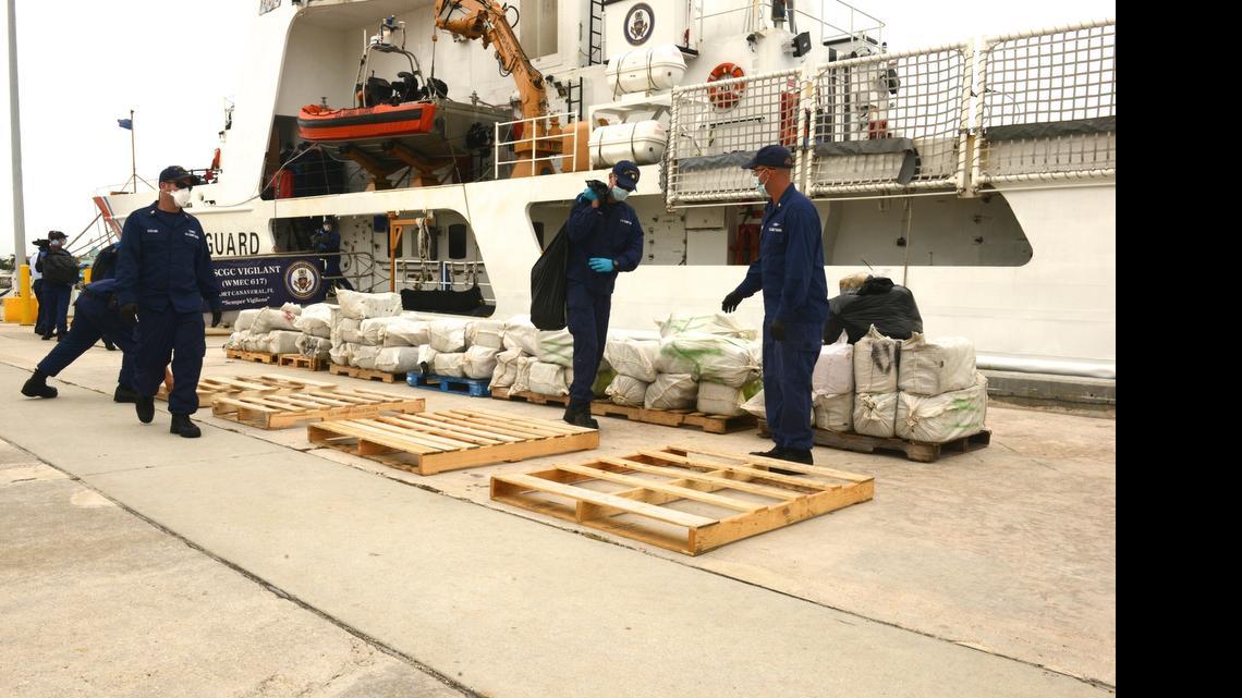 
Coast Guard personnel offload intercepted cocaine at the Miami Beach base earlier this month.
