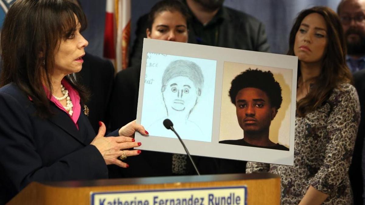 Miami-Dade State Attorney Katherine Fernandez Rundle holds a sketch and photo of the teenager arrested for the murder of Rabbi Joseph Raksin during a press conference on Dec. 9. The amateur sketch has gone viral on the Internet, with many people mistakenly believing the drawing was done by a police artist.