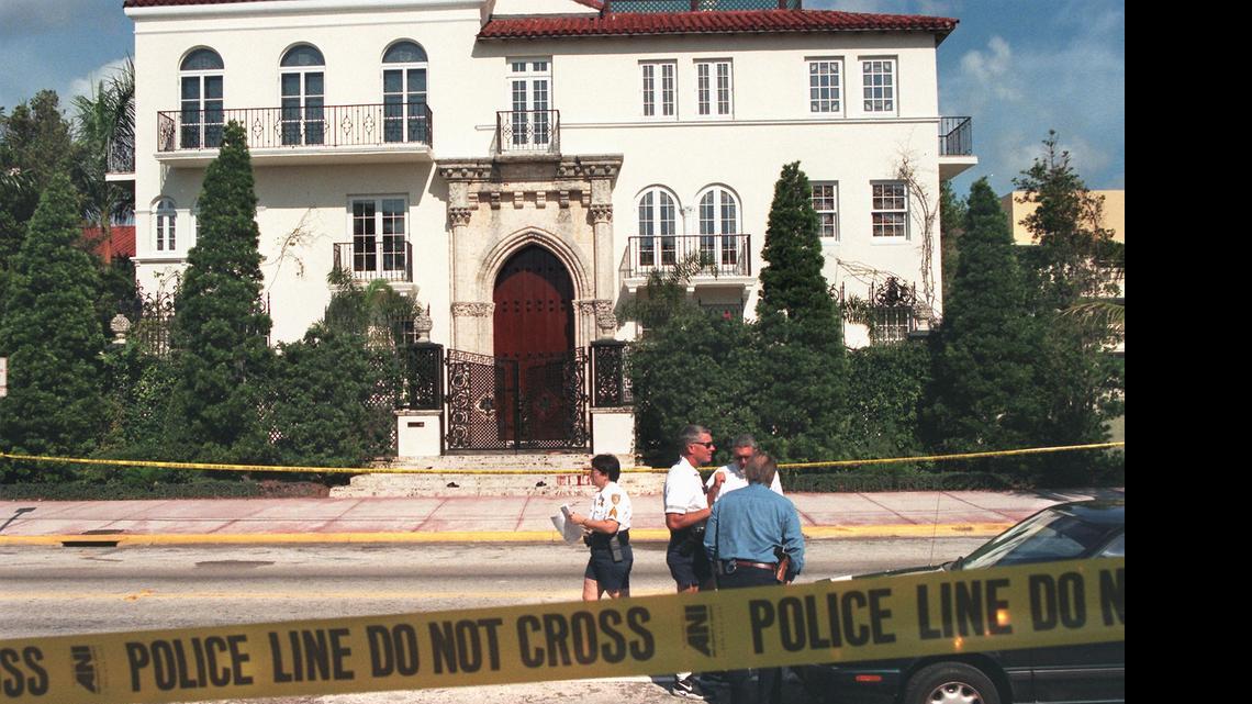 VERSACE DEATH SCENE: Police investigation in front of designer Gianni Versace’s Casa Casuarina mansion on Ocean Drive where the fashion mogul was murdered on the steps of his home on July 15, 1997 by serial killer Andrew Cunanan.
