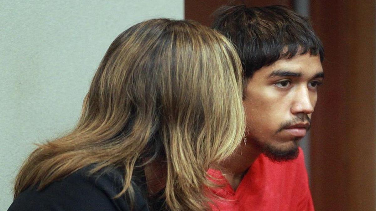 
Kaheem Arbelo, (right) appearing in court last month with attorney Kellie Peterson. Prosecutors say he was ringleader in the gruesome machete murder of 17-year-old Jose Amaya Guardado.
