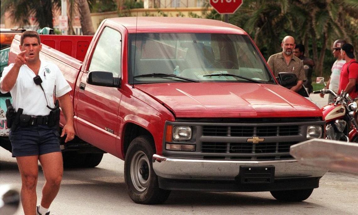 Herald archive photo from 1997 shows Andrew Cunanan’s stolen red Chevy 1500 pickup truck being towed from a parking garage at 13th and Collins Avenue, just a few blocks from the Gianni Versace murder scene.
