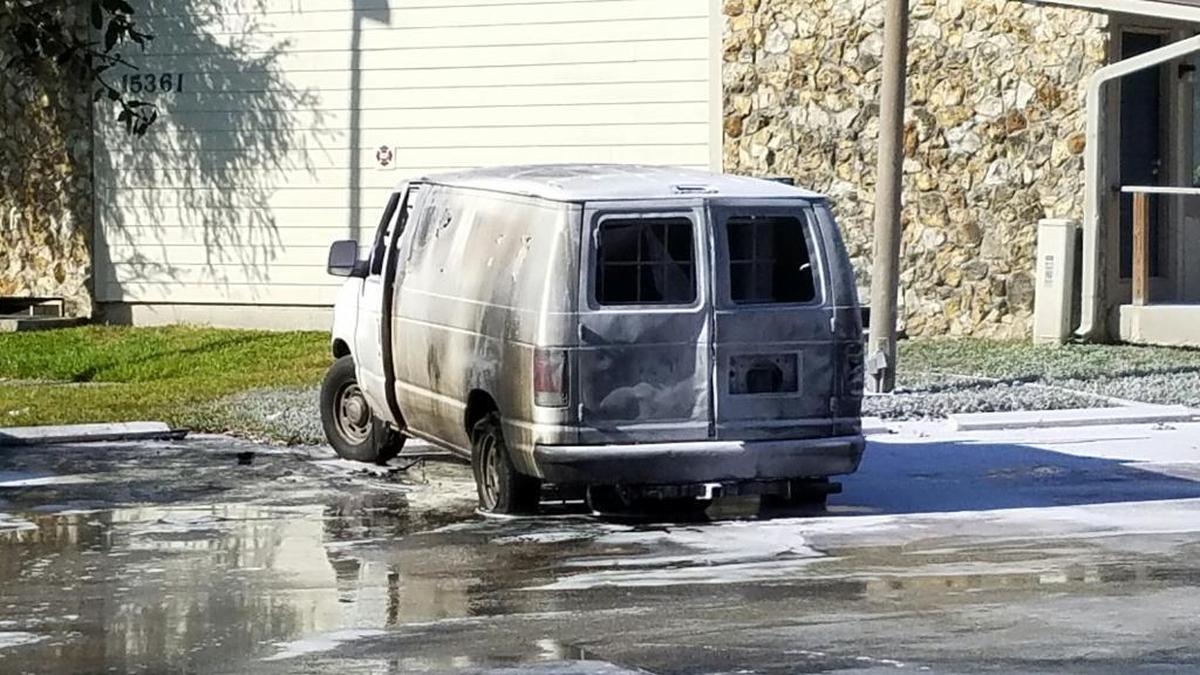 A suspected “fuel bladder” van that exploded into flames in January 2017 outside a home in West Kendall. The owner, Rogel Morejon-Soto, is awaiting trial, accused of arson and possessing a vehicle with an illegal fuel tank.