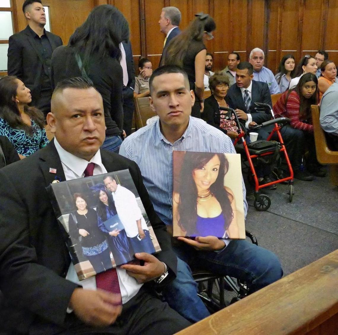 Noel Criales sits next to his son Bryan, who is now in a wheelchair. They hold pictures of Carmen Criales, who was killed in a wrong way accident caused by Franklin Chavez. Chavez was sentenced Friday to seven years.