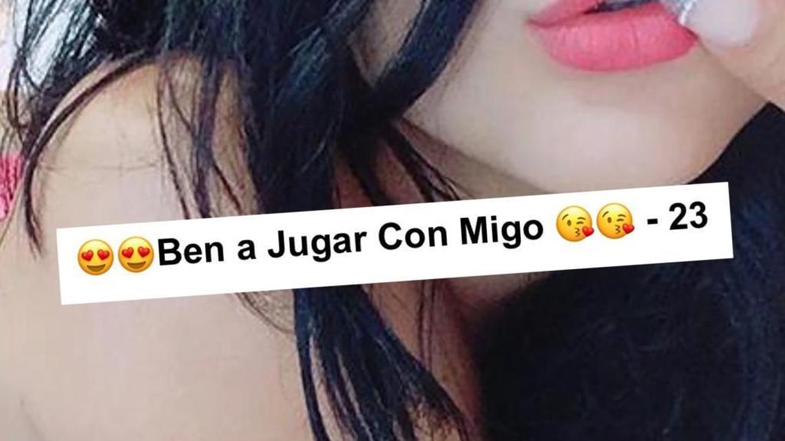 A photo illustration from an ad on Backpage.com, with its caption superimposed. The caption, which is misspelled, translates from Spanish into “come play with me.”