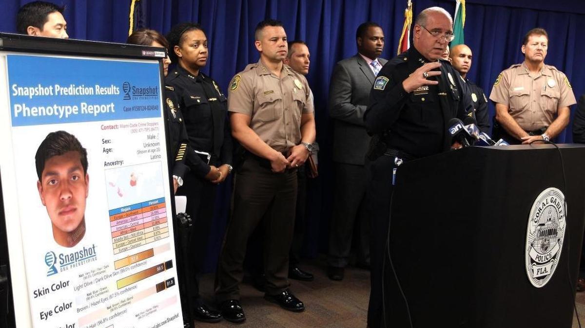 
Coral Gables Police Chief Edward Hudak Jr., at the lectern, along with colleagues from Miami Beach, Miami, Coral Gables and Miami-Dade, releases details on a serial stalker.
