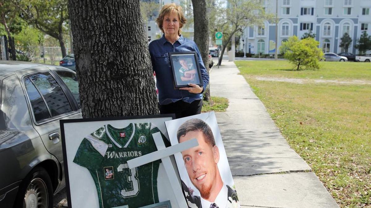 Cindy Dodds, whose son, Kyle, 24, died of a drug overdose in 2016, held a memorial service to him in  2017 at the site of his death to draw attention to the opioid epidemic. She and other families are now opposing a potential settlement between the state of Florida and Purdue Pharma.