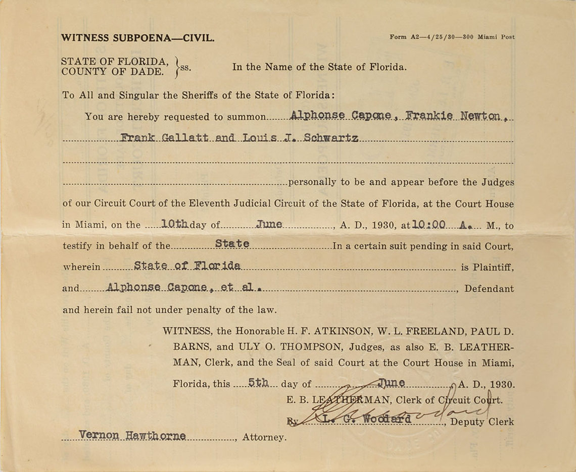 A subpoena from the 1930 perjury prosecution of gangster Al Capone in Dade County. The document is being auctioned by Boston-based RR Auction