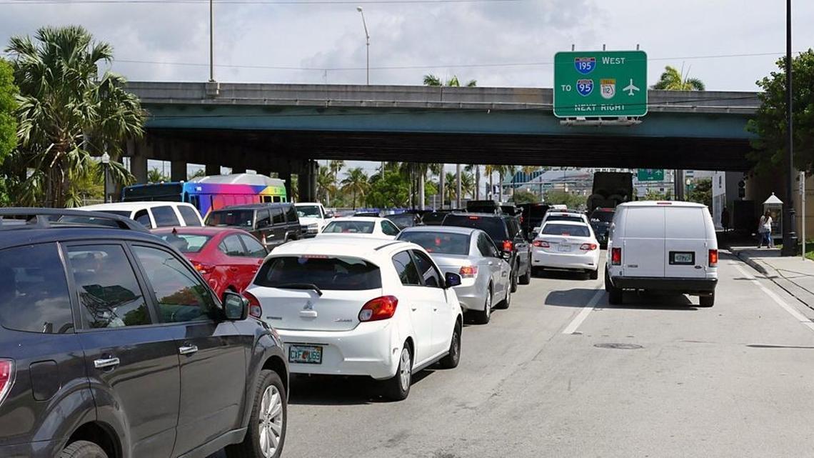 Traffic is shown backed up on Northeast 36 Street and Biscayne Boulevard.