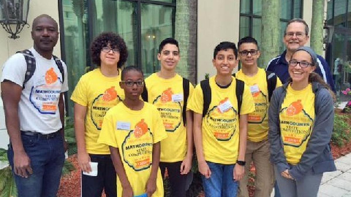Doral Academy Charter Middle School placed fourth in the regional MATHCOUNTS competition in Orlando. The middle school team from left to right is Ethan Partidas, Anirudh Rahul, Camila Maneiro, Fabiano Andrade, Marc Marquez, and their coach, Sam Koski.