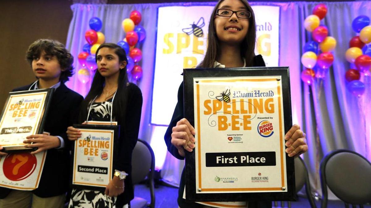 Kyla Truong of Pine Crest School in Fort Lauderdale, spells ‘scrivener’ to win the Broward Spelling Bee in Davie, Florida, March 15, 2016. Michelle Duboy second and Zachary Hardgrave placed third in the competition.