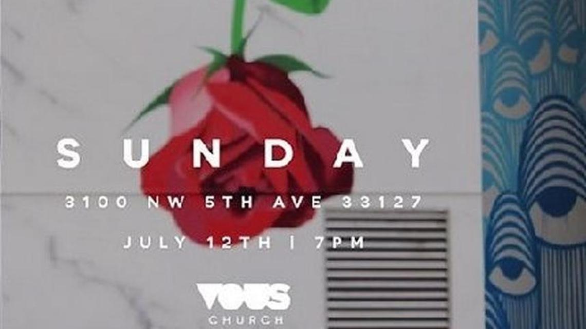 The Vous church superimposed its logo on the work of artists Typoe and Ahol Sniffs Glue as well as others who painted murals at Jose de Diego Middle School in Wynwood’s arts district.