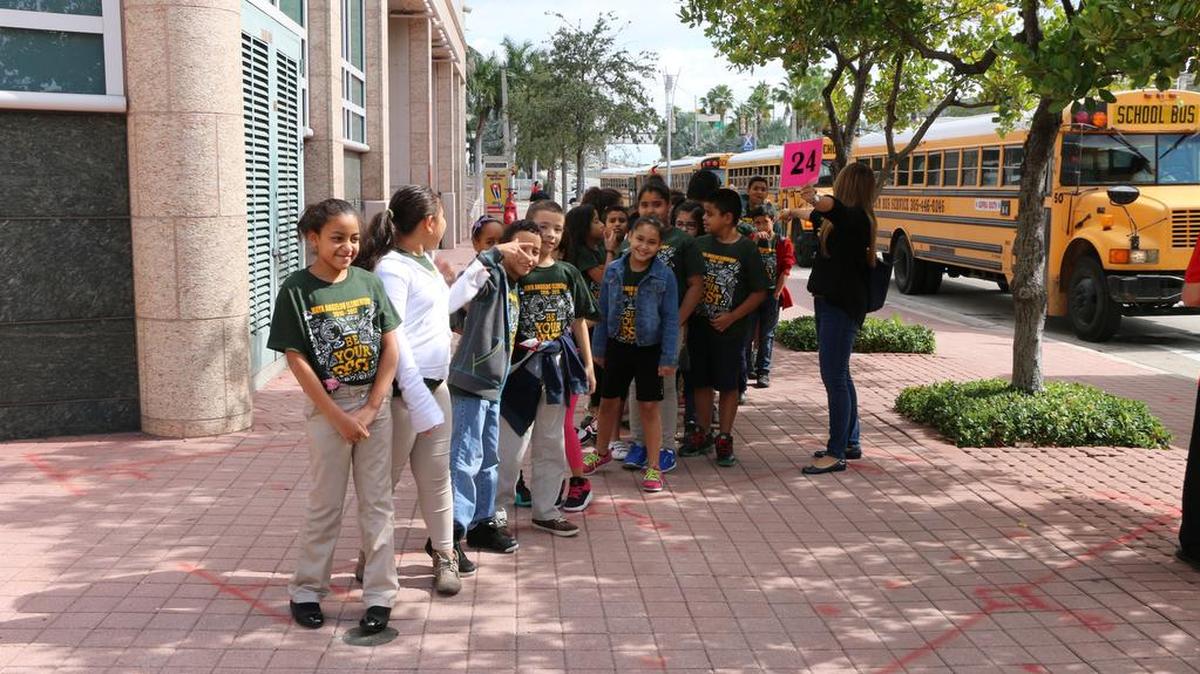 Fourth-grade students of Maya Angelou Elementary School in Allapattah line up outside the Adrienne Arsht Center on Nov. 29 as they await entry into the Cleveland Orchestra’s free education concert.