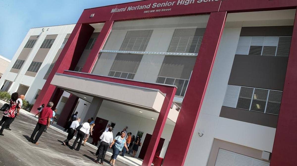 Front view of the brand new $42 million Miami Norland Senior High School building during freshmen orientation on Saturday. The new construction was funded by the $1.2 billion school improvement bond and is part of a push to remodel and update aging school facilities. Saturday, August 20, 2016.