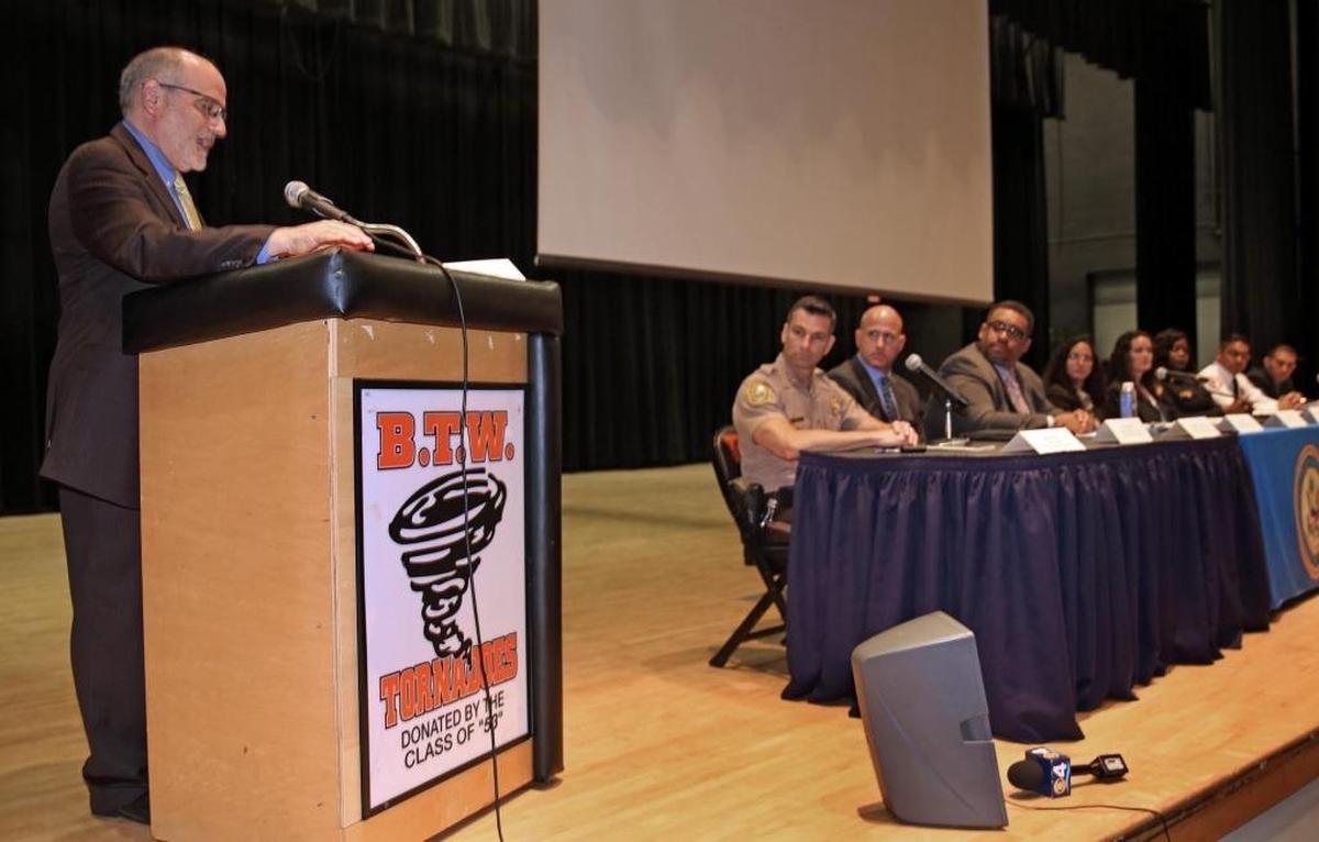 Howard Rosen, Assistant State Attorney and Deputy Chief for Special Prosecutions, moderated the Heroin-Opioid Awareness Town Hall at Booker T. Washington Senior High School on Thursday, May 11, 2017.