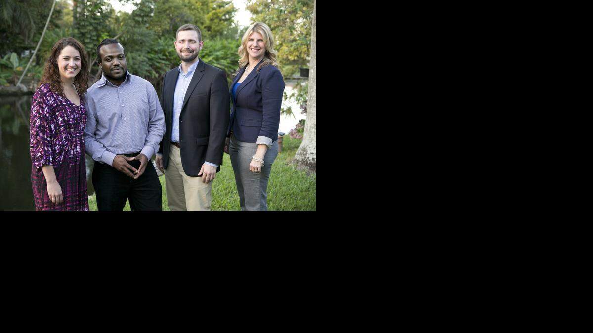 
Teacher of the year nominees, left to right, Lisa Hauser, Charles Olius, Geoffrey Aladro, and Christine Rodriguez on Friday, Jan. 23, 2015. 
