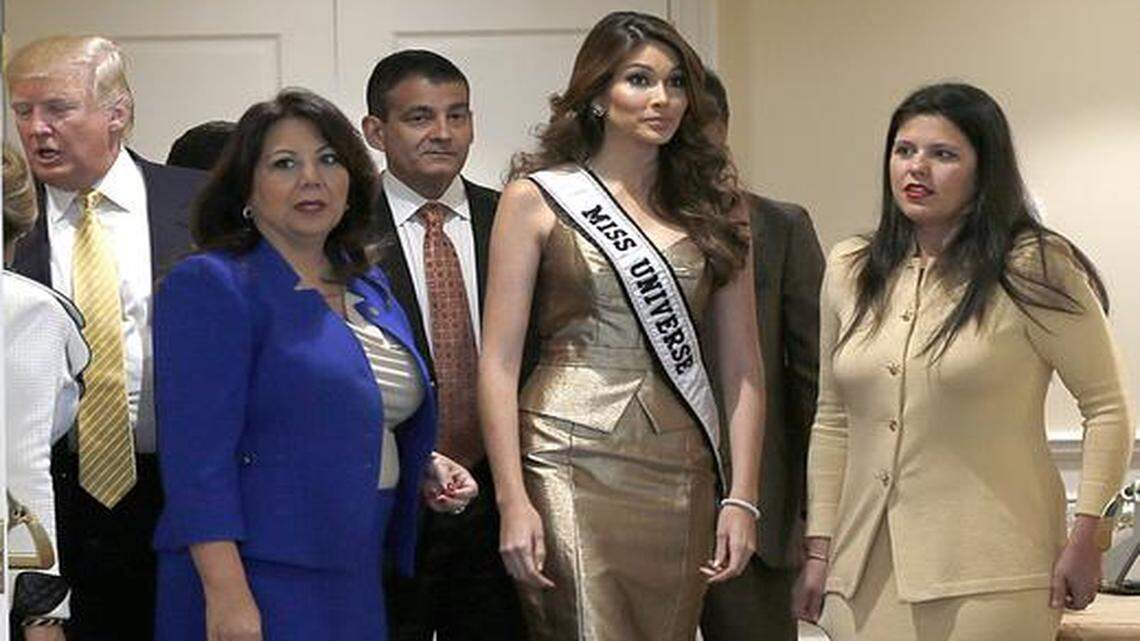 
At the Oct. 2 announcement that FIU would host the Miss Universe pageant on Jan. 25, FIU athletics director Pete Garcia joined billionaire Donald Trump to discuss the plans. They were joined by, from left, Doral Vice Mayor Sandra Ruiz, Miss Universe 2013 Gabriela Isler and Doral councilwoman Ana Maria Rodriguez.
