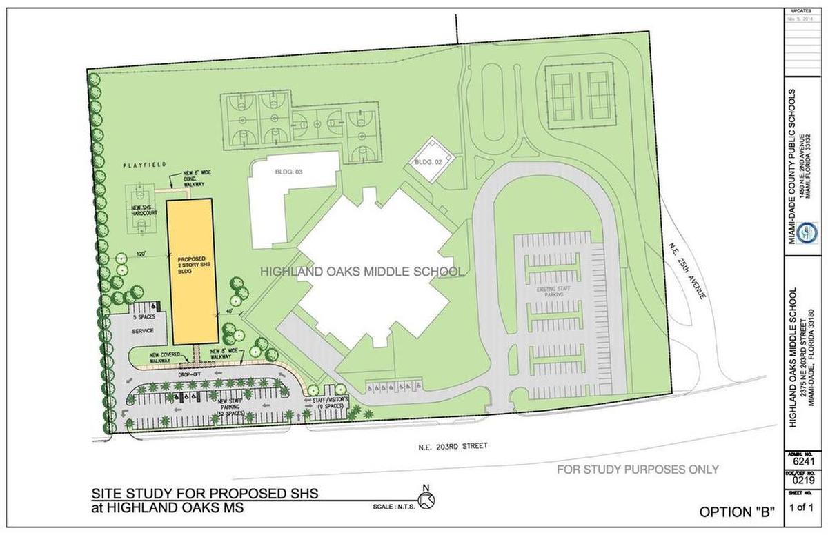 School district officials presented this conceptual plan for the location of a new iPrep high school on the athletic fields at Highland Oaks Middle in northeast Miami-Dade County.
