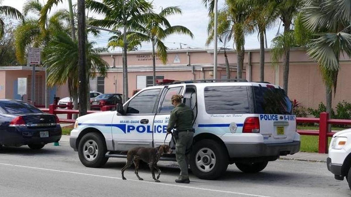 A Miami-Dade Schools Police vehicle responding to an incident at Frances S. Tucker Elementary School on Feb. 11, 2016.