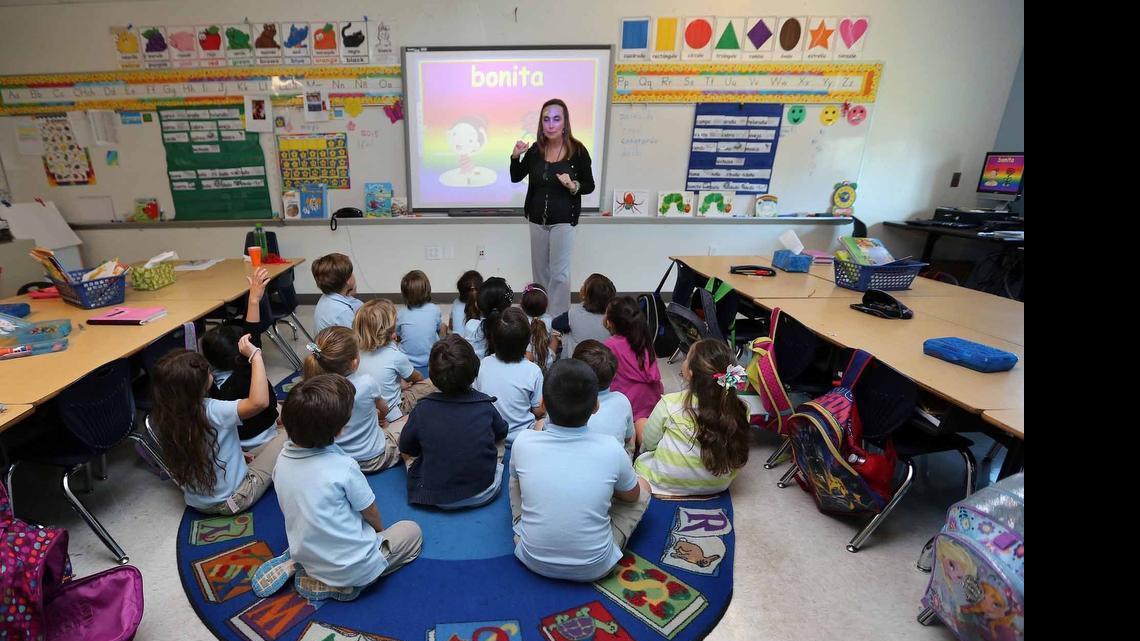 
Teacher Laura Castro teaches Spanish synonyms to her Kindergarten EFO class at Aventura Waterways K-8 School earlier this month.
