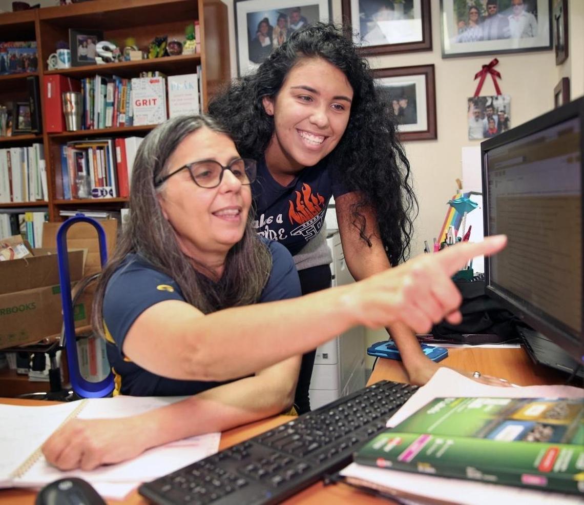 Tuesday, May 30, 2017- Dayme Delagado, right, with Silvina Macho, her college counselor at Mater Academy.