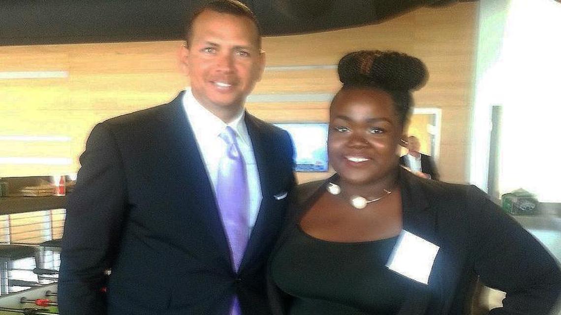 
Slugger Alex Rodriguez with Phalande Jean at a lunch in fall 2014 for University of Miami student beneficiaries of Rodriguez-funded scholarships. Jean recently graduated with degrees in visual journalism and psychology. 
