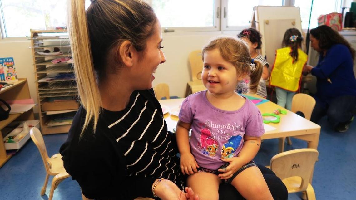 Jackie Perez, a Spanish immersion teacher at Margaux Early Childhood School, with student Juno Friedan, who will be enrolling in this fall’s new program.