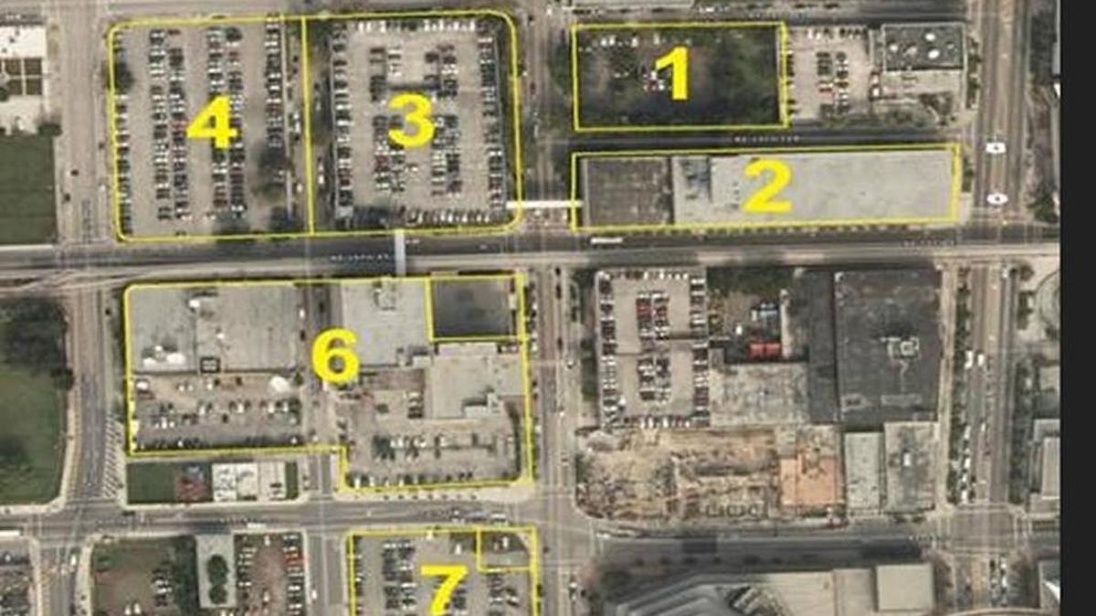 The numbered lots show land owned by the Miami-Dade County public school district in downtown Miami. The district is currently accepting proposals for lot number seven.