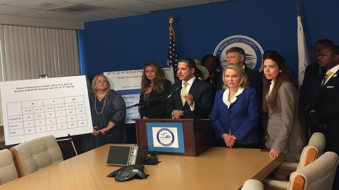 Miami-Dade Superintendent Alberto Carvalho, center, is surrounded by school officials while discussing how the district performed on the state’s report card.