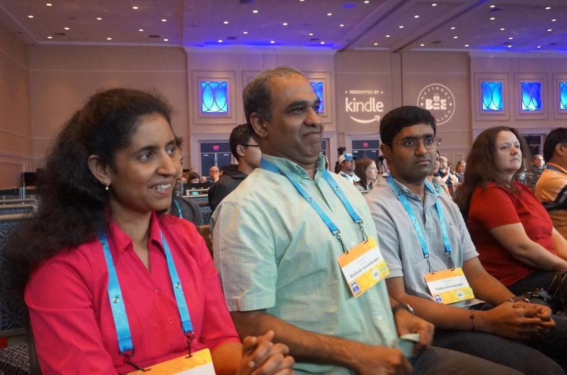 Vasundara Govindarajan’s brother and parents react joyfully after learning their daughter’s spelling of the word curfuffle was considered correct.