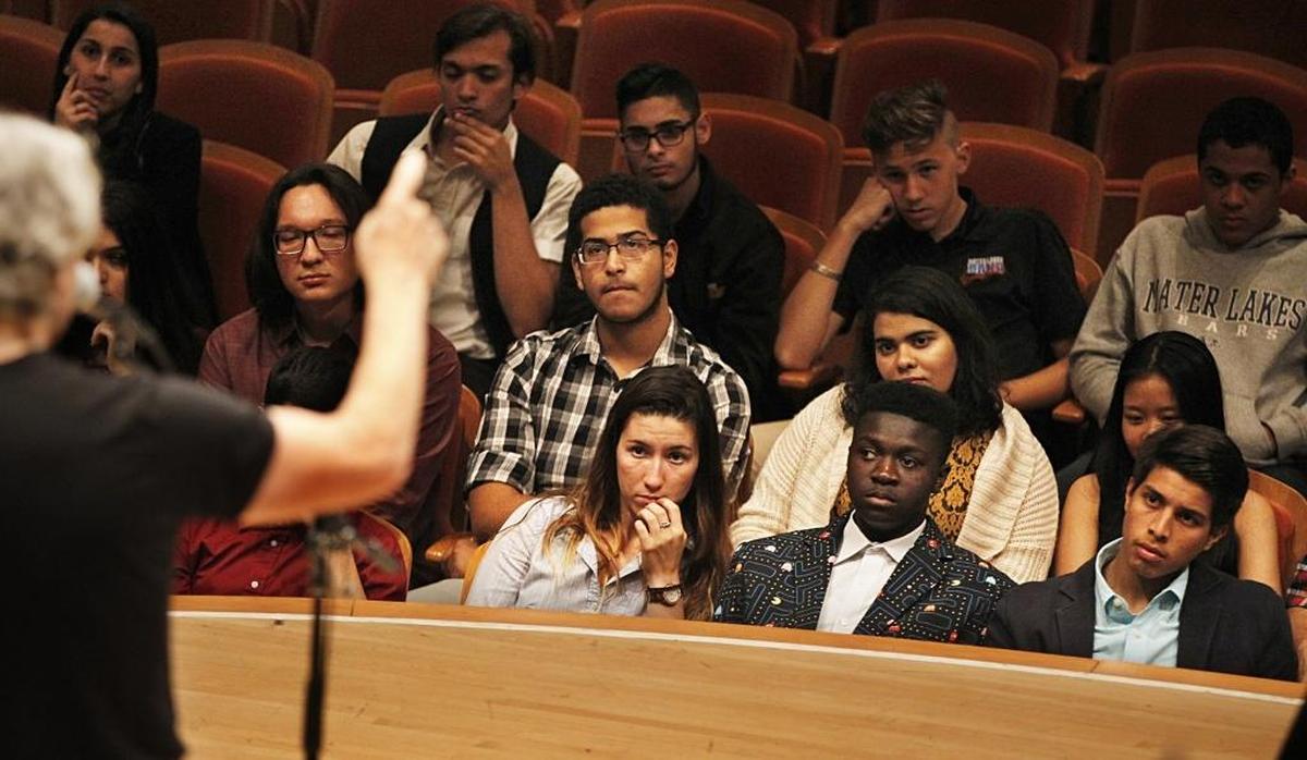 Steve Miller makes a point to a group of music students from Miami-Dade who were invited to meet him during Jazz Roots at the Adrienne Arsht Center for the Performing Arts on April 07, 2017.