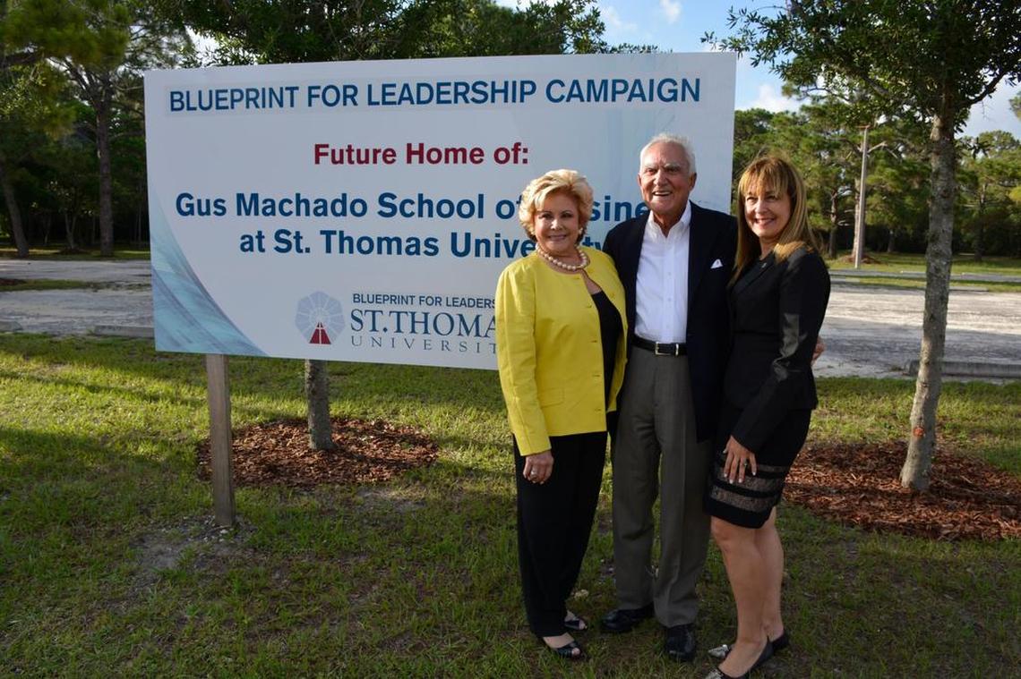 Lilliam and Gus Machado with St. Thomas University provost Irma Becerra in July 2015. The Machados gave the school $5 million to establish a business school in the car dealer’s name.