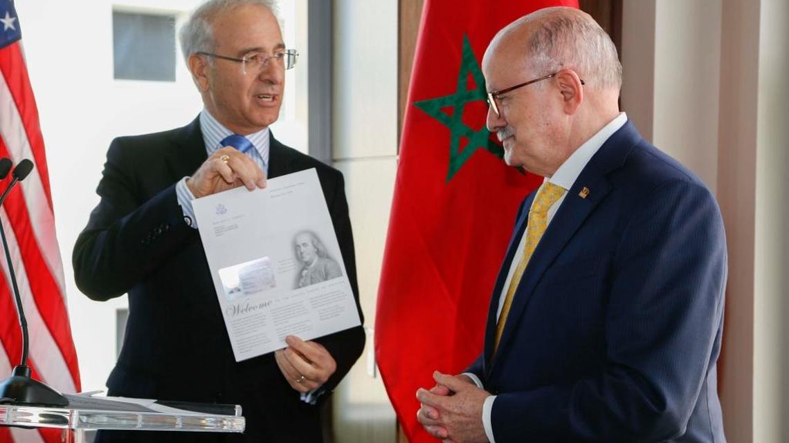 Rachad Bouhlal, ambassador of the Kingdom of Morocco to the United States, presents a proclamation to Miami Dade College President Eduardo Padrón naming him Honorary Consul of the Kingdom of Morocco. The ceremony took place at Tuyo, the restaurant at MDC’s Miami Culinary Institute, on Tuesday morning.