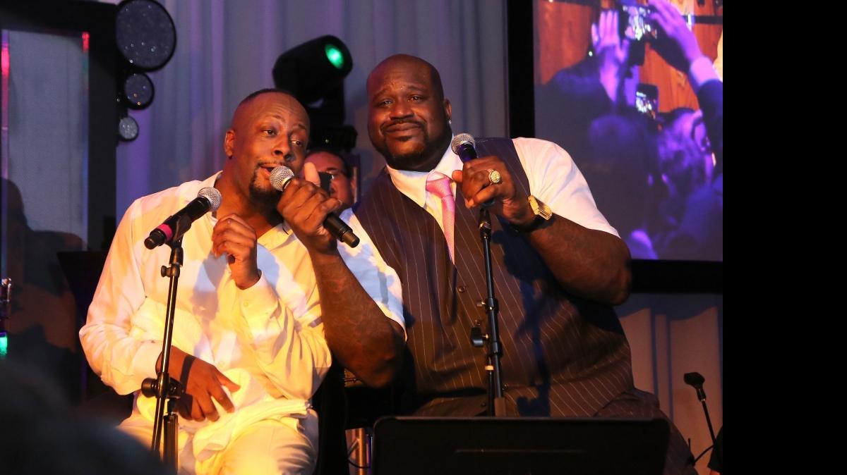 
Wyclef Jean, left, and Shaquille O'Neal onstage at Barry University's 75th Anniversary Birthday Bash at Soho Studios on Oct. 3, 2015.
