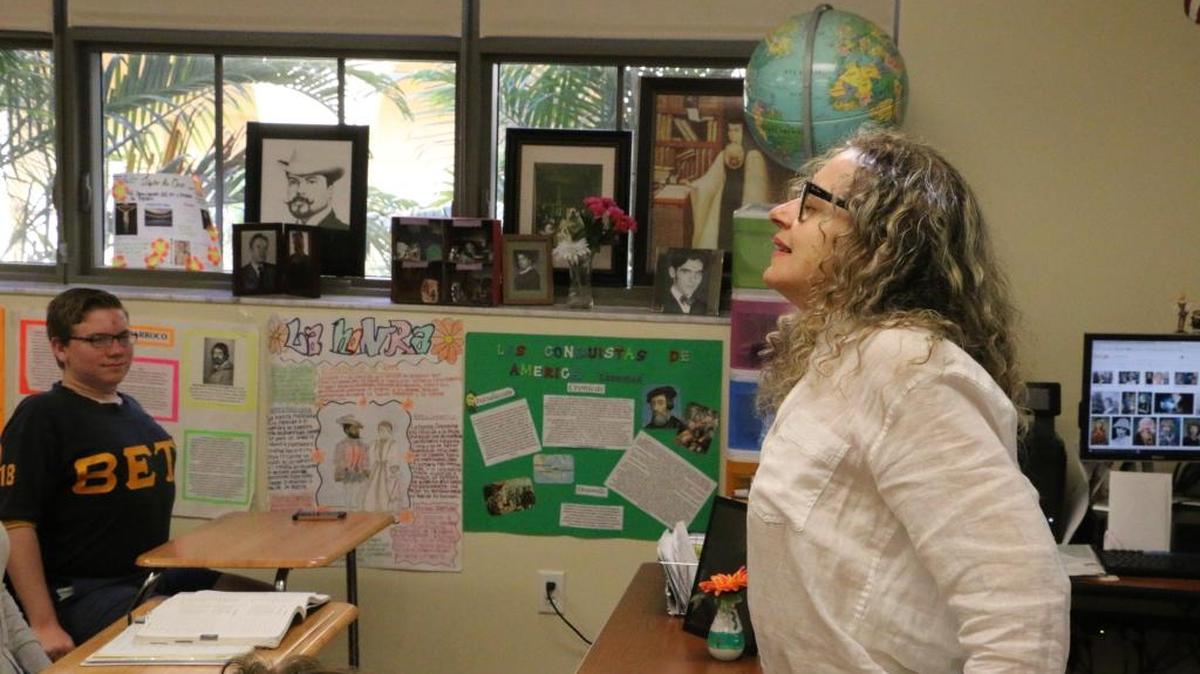 Rosa Inguanzo leading a Mindful Excercise with her advance placement Spanish literature class at Miami Senior High School.
