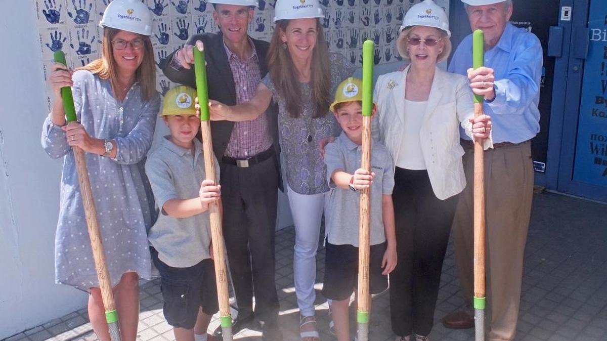 
It was a groundbreaking day at Lehrman Day School on Wednesday as the campus started an ambitious expansion project. From left to right: Jodi Bruce, Lehrman head of school; Seth Diener, son of the donors Robert and Michelle Diener; Roger and Jana Miller; Danny Mendelson, son of the donors Kim and Eric Mendelson; Candace Ruskin; and David Lehrman, son of the school’s founder Rabbi Irving Lehrman.
