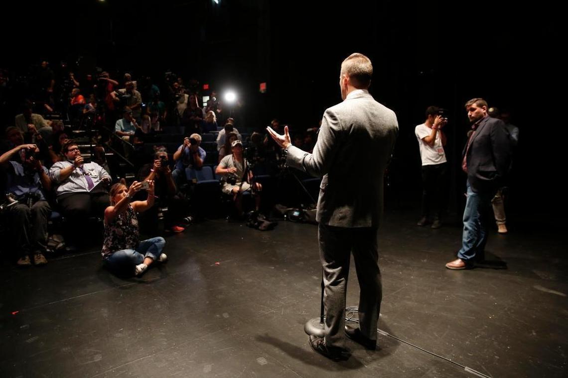 Richard Spencer addresses the media during a press conference at the Phillips Center for the Performing Art at the University of Florida on Thursday, Oct. 19, 2017.