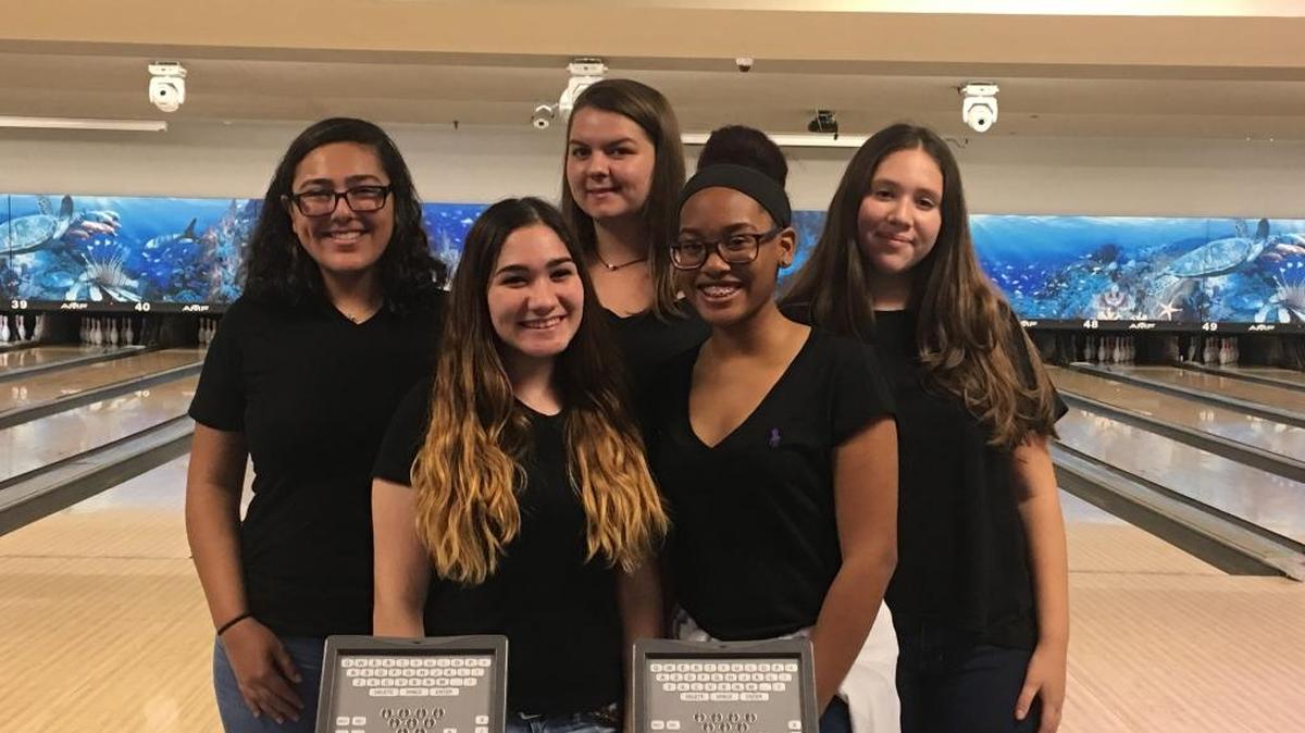 Cutler Bay High School’s Lady Tiger Sharks Bowling team recently won a bowling tournament against Barbara Goleman High School. Team members, pictured from left include Alejandra Velasquez, Danielle Smutny, Laura Florez, Eileen Rodriguez and Brianna Bogues.
