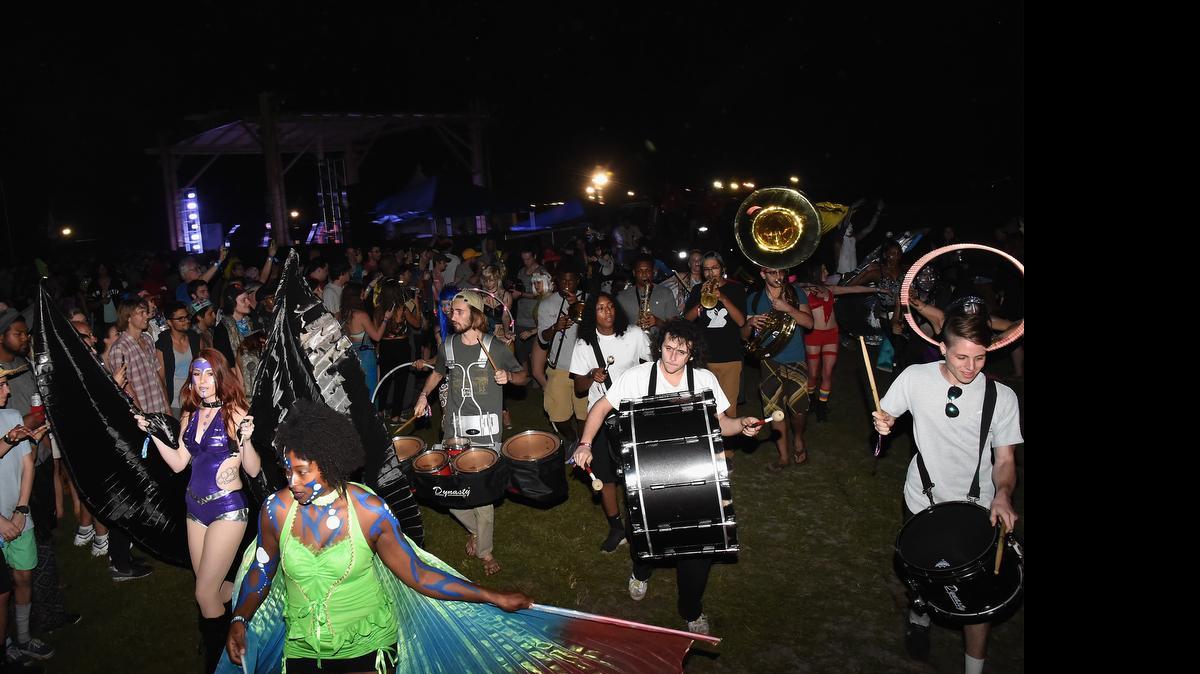 Miami Beach High School’s Jazz Project lead the parade as a marching band, New Orleans-style, during the March 3-4 Okeechobee Music & Arts Festival.