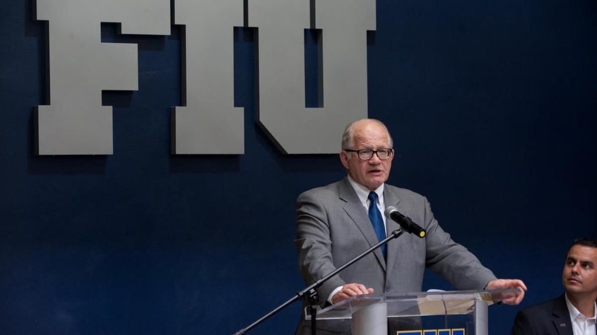 Mark Rosenberg, president of Florida International University, speaks at an event at the school.