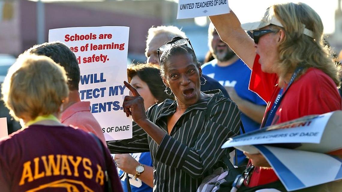 Virginia Ducksworth, center, joined the United Teachers of Dade in January 2017 as the union protested the nomination of Betsy DeVos as Secretary of Education.