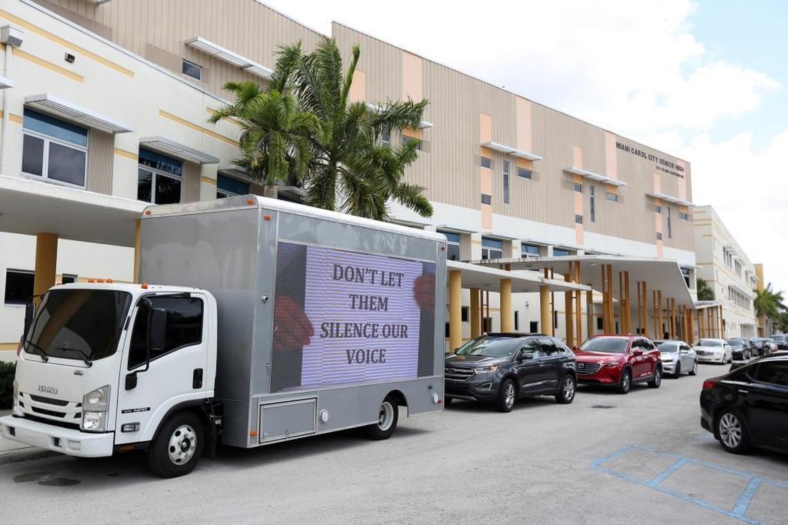 Randi Weingarten, the president of the American Federation of Teachers, visited Carol City Senior High School in Miami Gardens on Monday, May 1, 2017 along with a mobile billboard.