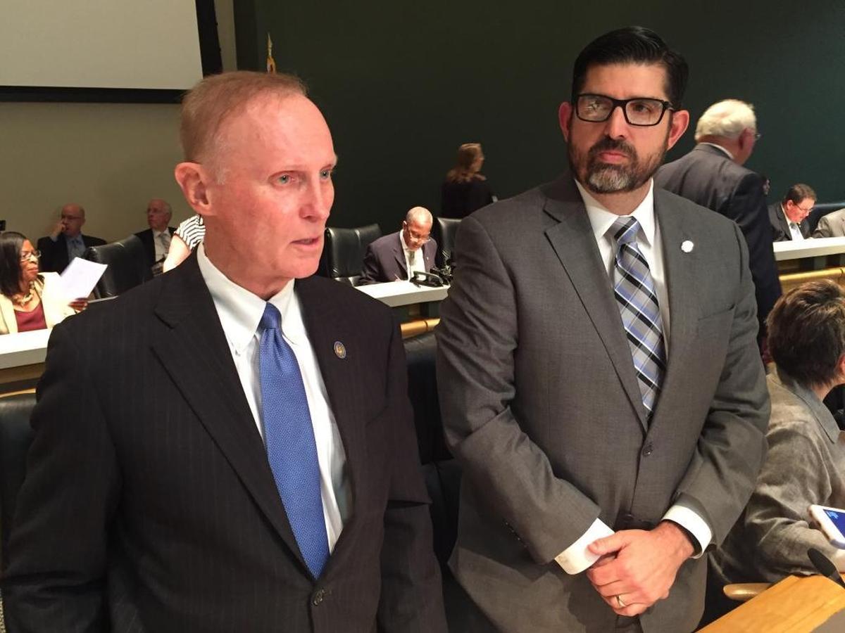 Altamonte Springs Republican Sen. David Simmons and Hialeah Republican Rep. Manny Diaz Jr. — the Senate and House pre-K-12 education budget chairmen — talk with reporters after a budget conference committee on April 27, 2017.