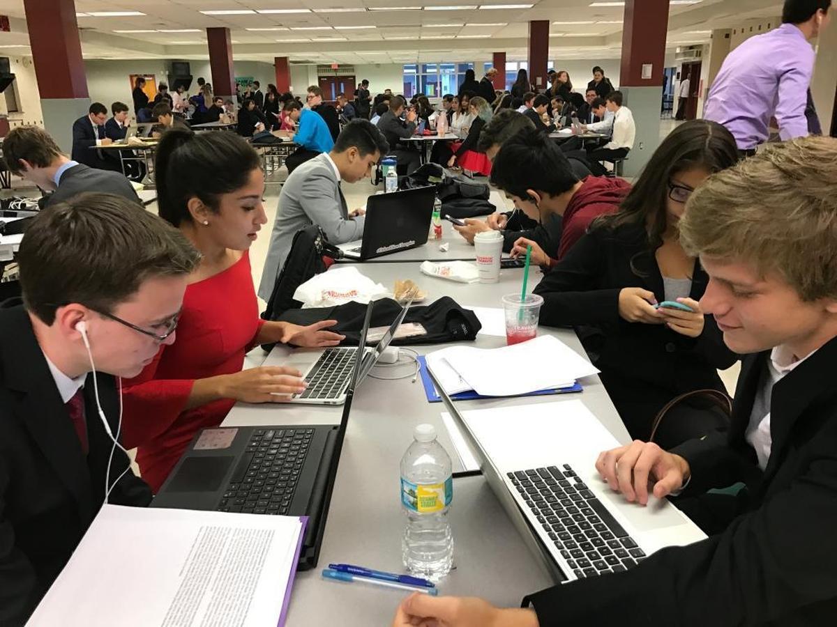 Students in the Marjory Stoneman Douglas High School debate program prepare for a competition.