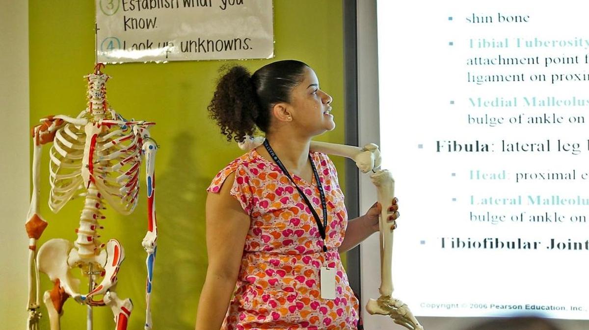 Teacher Desiree Chase delivers a lesson about the different parts of the leg at MAST Academy @ Homestead on Thursday, April 6, 2017. A new study found Florida is one of the worst states to be a teacher.