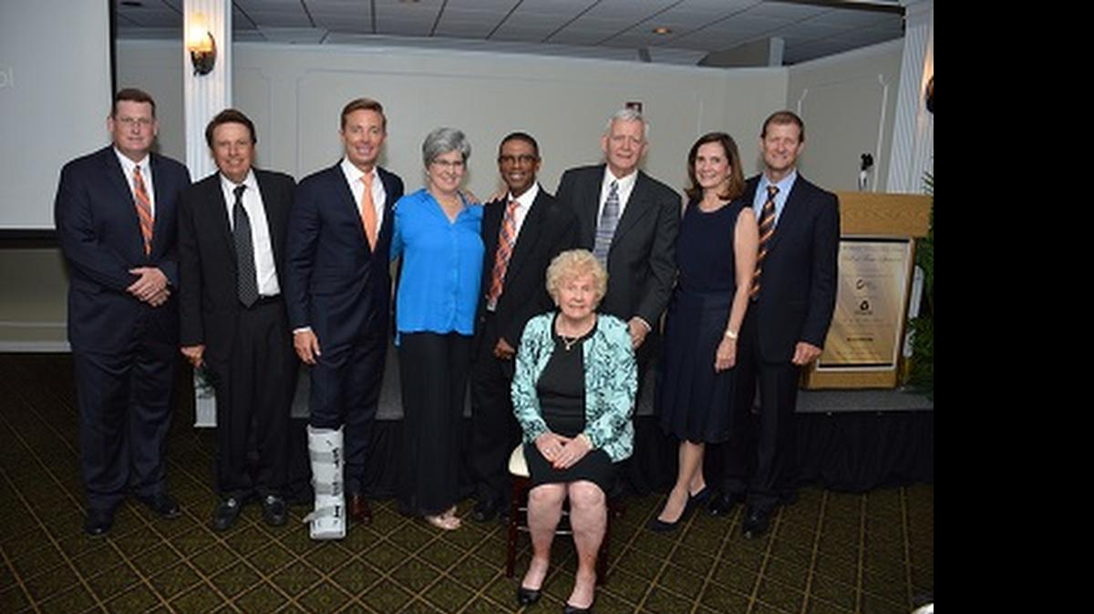 
HALL OF FAME: Archbishop Curley Notre Dame Prep celebrated its 12th annual Hall of Fame with a gala for alumni, faculty, friends and new inductees at the Miami Shores Country Club. From left to right are: Douglas Romanik, Principal; Johnny LaPonzina 1965, Inductee; Jorge Gonzalez 1983, Inductee; Judy O'Connor Kretzschmar 1972, Inductee; Jean Desdunes 1979, Inductee; Guy Carbonneau 1959, Inductee; Frances Aldrich Sevilla-Sacasa 1974; Dirk Peterson on behalf of his father, Phil Peterson, Inductee; and Charlotte Peterson, Inductee.
