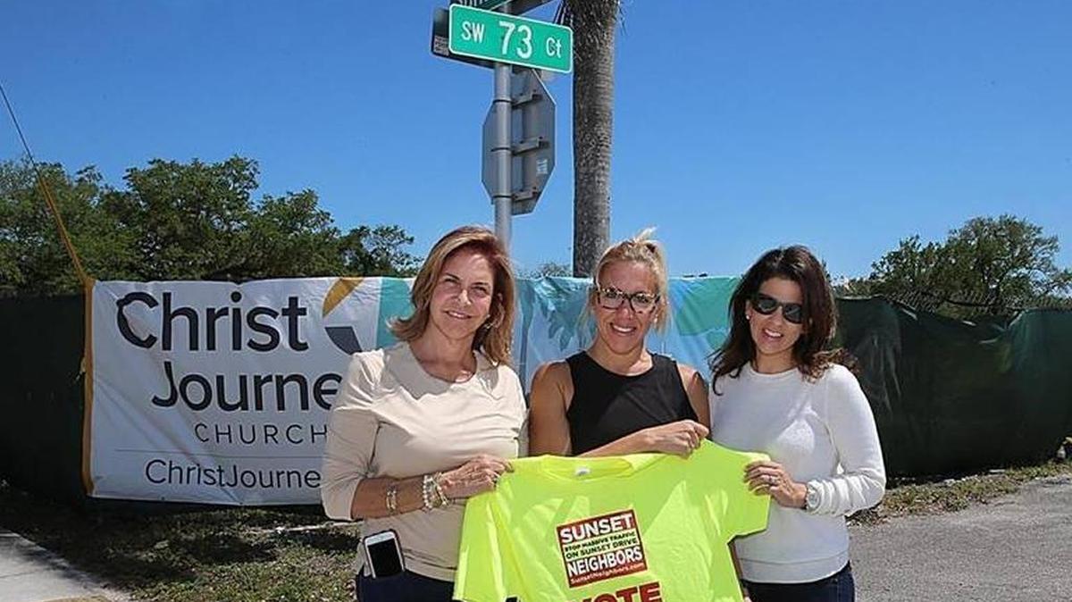 Madeleine Munilla, Mary Faraldo and Lily Lopez are part of a group of neighbors from the Sunset Drive area that are fighting the creation of a new charter school.