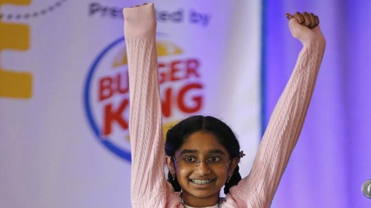 Vasundara Giovindarajan, 12, reacts after winning the Miami Herald Spelling Bee at Jungle Island on Tues., March 8, 2016.