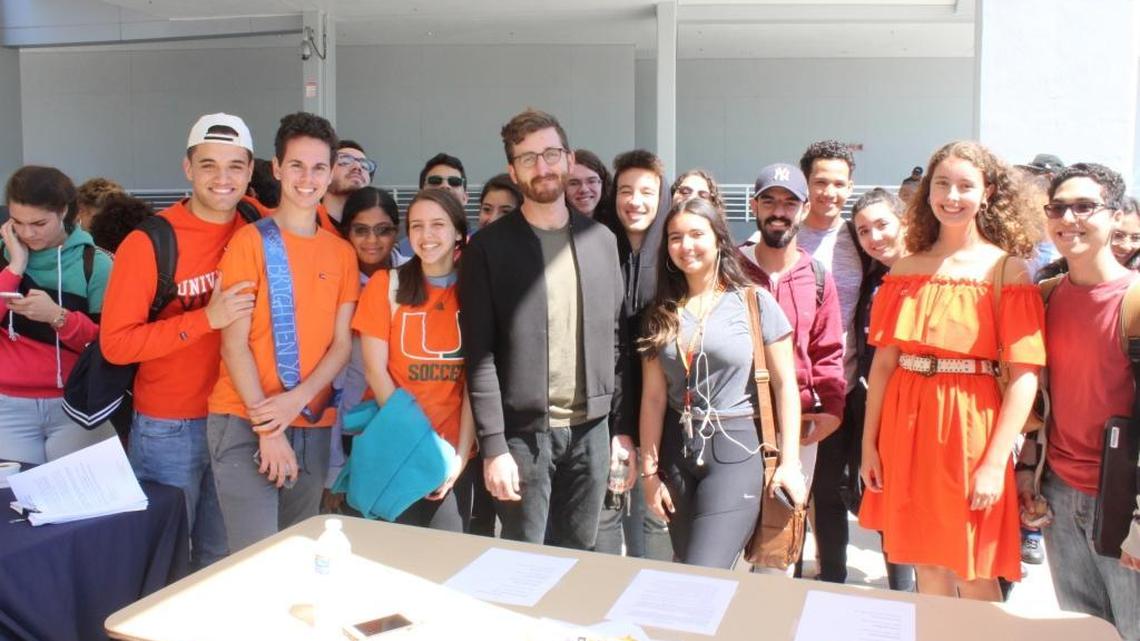 Students at School for Advanced Studies in Homestead organized a student protest on March 14, 2018, following the deadly school shooting at Marjory Stoneman Douglas High School. The teens are pictured with Advanced Placement Government teacher Cody Kimmel. The school was named the top school in Miami-Dade County according to U.S. News and World Report’s best high school rankings.